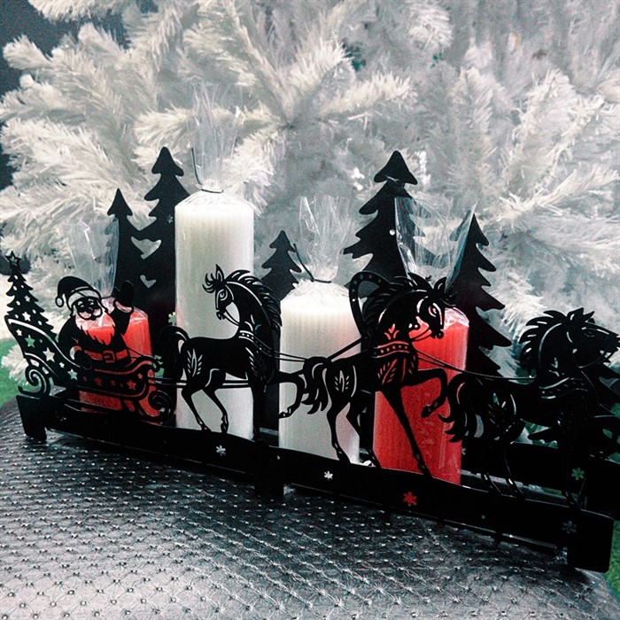 Подсвечник новогодний Упряжка лошадей длина 38см металл 730-089B - фото 75470