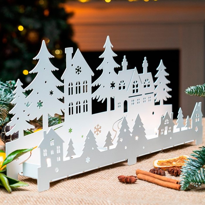 Подсвечник новогодний белый металл длина 38см 730-073W - фото 75964