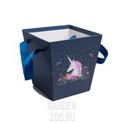 Коробка для цветов Трапеция 15*14,5*11см единорог на синем - фото 26929