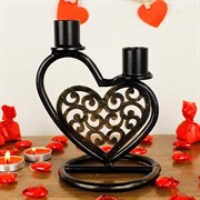 Подсвечник кованый Сердце на две свечи чёрный металл 607-022B - фото 62140