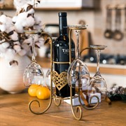 Подставка для бутылки и 4 бокалов Сердце золотая металл 210-003G - фото 62247