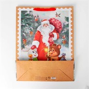 Пакет крафт Дедушка мороз и зверята 31х40х11,5см - фото 66904