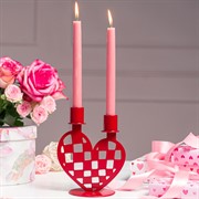 Подсвечник Сердце в клетку на 2 свечи декоративный металл красный 607-103R - фото 68159