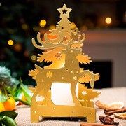 Подсвечник новогодний Олень с ёлкой металл золотой 730-044G - фото 72350