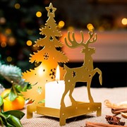 Подсвечник новогодний Олень с ёлкой металл золотой 730-044G - фото 72351