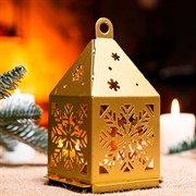 Подсвечник Фонарик новогодний золотой на 1 свечу металл 730-087G - фото 72364