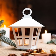 Подсвечник новогодний Фонарь белый металл 730-085W - фото 75984